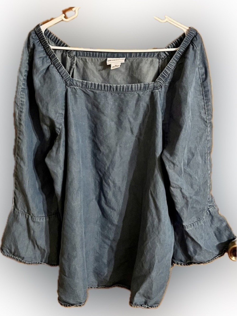 Liz Claiborne Blue Chambray Square Neck Blouse XL Ruffle Peasant Top Shirt